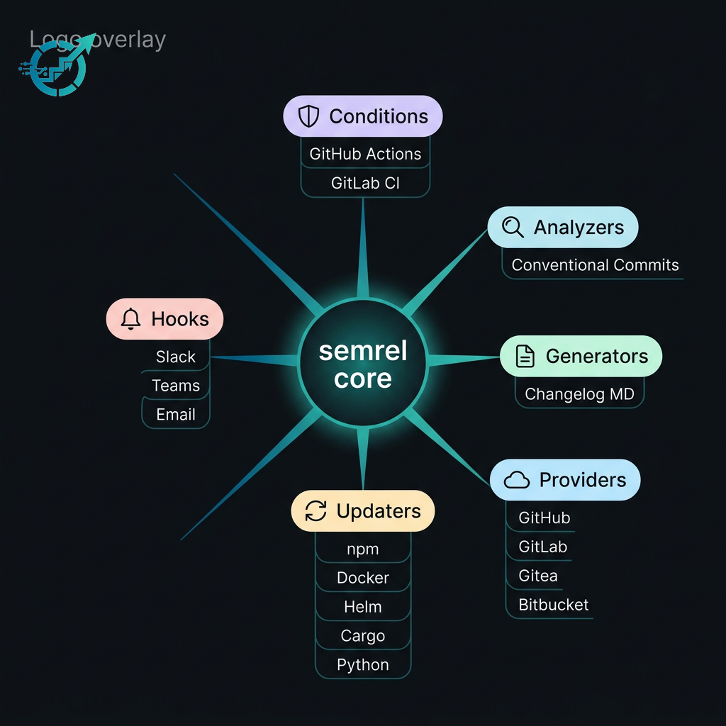 semrel plugin ecosystem showing providers, conditions, analyzers, generators, updaters, packagers, publishers, and hooks connected to the core release pipeline